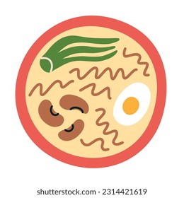 Ramen bowl icon, vector illustration of noodle soup with beans, bok choy and egg, ethnic dish with broth, noodles and toppings, Asian cuisine illustration, flat cartoon colored clipart, isolated