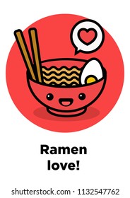 Ramen Bowl Love Poster Vector Illustration in Flat Style Line Art