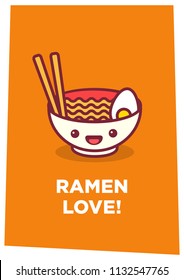 Ramen Bowl Love Poster Vector Illustration in Flat Style Line Art