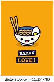 Ramen Bowl Love Poster Vector Illustration in Flat Style Line Art