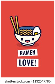 Ramen Bowl Love Poster Vector Illustration in Flat Style Line Art