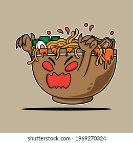 Ramen bowl monster character for the scary event vector illustration