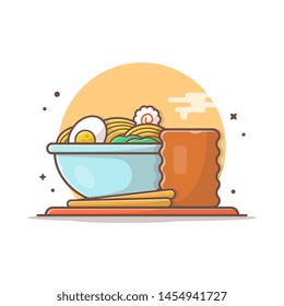 Ramen Bowl Noodle with Egg Boiled, Hot Tea Vector Illustration. Japanese Noodles. Restaurant Food Menu Icon. Flat Cartoon Style Suitable for Web Landing Page,  Banner, Flyer, Sticker, Card, Background