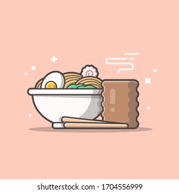 Ramen Bowl Noodle with Egg Boiled, Hot Tea Vector Illustration. Japanese Noodles. Restaurant Food Menu Icon. Flat Cartoon Style Suitable for Web Landing Page,  Banner, Flyer, Sticker, Card, Background