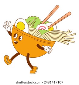 Carácter de fideos de tazón Ramen. Fondo retro con mascota de comida asiática japonesa. Dibujos animados personaje de cómic groovy, diseño de garabatos, logotipo de estilo cómico.