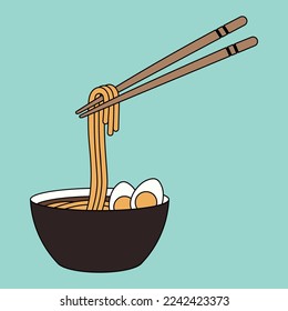 Ramen Bowl with Noodles, Chopsticks and Egg, vector illustration on a Blue background