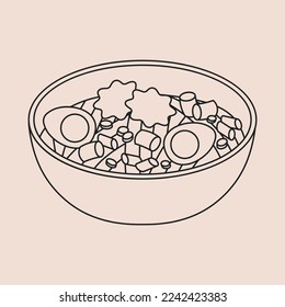 Ramen Bowl with Noodles, Grenn Onion and Egg, vector illustration Outline