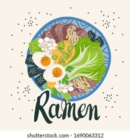 Ramen in bowl on table. Top view. Illustration with japanese soup in flat style. Asian food: miso, egg, nori, leek, noodles, pork, soybean sprouts, beef, Enoki, Bok choy. Vector round composition.