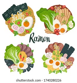Ramen in bowl on table. Top view. Illustration with japanese soup in flat style. Asian food: miso, egg, nori, leek, noodles, pork, soybean sprouts, kamaboko, Enoki, Bok choy. Vector round composition.