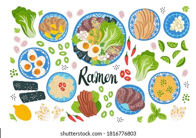 Ramen in bowl on table. Top view. Illustration with japanese soup in flat style. Asian food: miso, egg, nori, leek, noodles, pork, soybean sprouts, kamaboko, Enoki, Bok choy. Vector round composition.