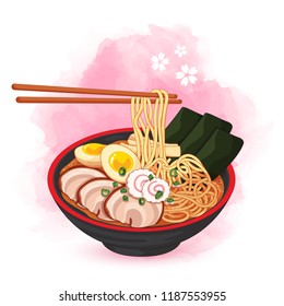 Ramen bowl on watercolor background. Toppings include eggs, sliced chashu pork, seaweed, bamboo shoots and naruto fish cake. svg