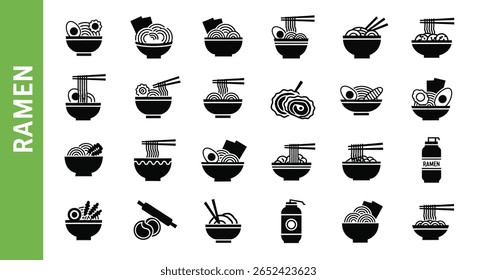 Ícone de Silhueta de Tigela Ramen: Macarrão japonês e cozinha asiática Black Vetor