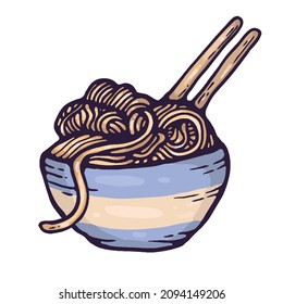 ramen bowl vector hand drawn illustration doodle isolated on white background with chopsticks