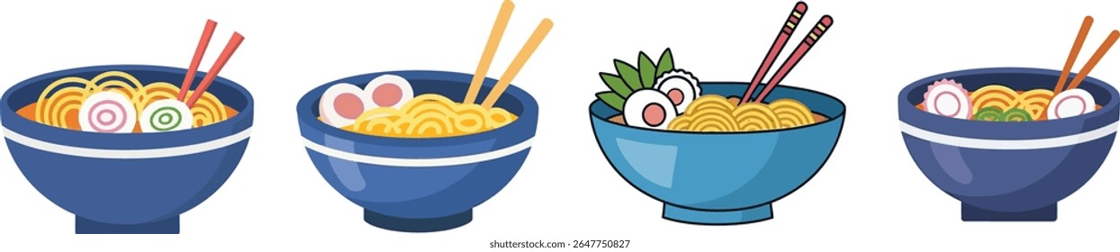 Ramen bowls with noodles and chopsticks vector illustration