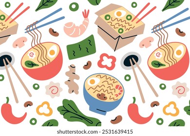 Ramen bowls pattern with shrimp, tofu, ginger and noodle soup ingredients. Bok choy, nori, and vegetables print. Vector illustration in flat cartoon style. Food design for culinary backgrounds