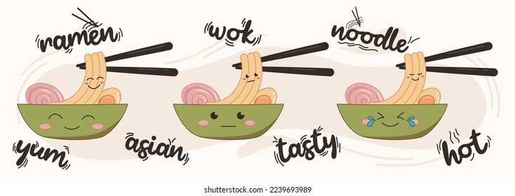 ramen bowls set with lettering phrases. Horizontal poster with asian food noodles wok. Hot tasty noodle