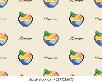 Ramen cartoon character seamless pattern on yellow background. Pixel style