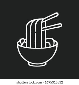 Ramen chalk white icon on black background. Instant noodles in bowl with chopsticks. Traditional japanese soba. Asian cuisine dish. Chinese culinary meal. Isolated vector chalkboard illustration