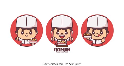 ramen chef cartoon mascot, with different poses and expressions, vector illustration for culinary industry, logo, stickers, icon.