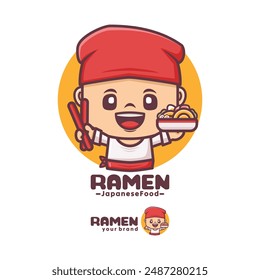 Ramen chef cartoon mascot. suitable for culinary businesses. brand logo, sticker, cartoon identity, sticker, icon, etc.