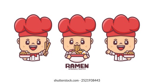 Ramen chef mascot design with different facial expressions. Japanese food logo template, vector illustration in outline style.