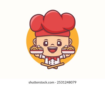 Ramen chef mascot design. Food logo template, vector illustration in outline style.