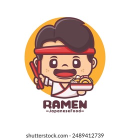 Diseño de mascota de chef Ramen, Ilustración vectorial para negocios culinarios, logotipo de marca, etiqueta, identidad de dibujos animados, calcomanía, ícono, etc.