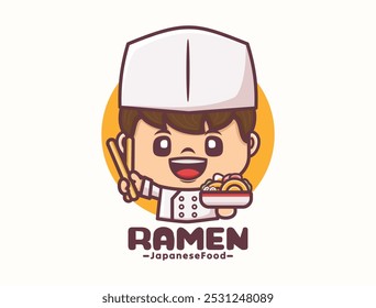 Ramen chef mascot logo template design, vector illustration in outline style.