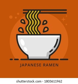 Ramen and Chopstick on Bowl Symbol Logo Illustration. Ramen Noodle Food Icon Vector for Sticker and Mascot