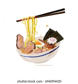 Ramen con palillos servidos en tazón tradicional. comida al estilo japonés - ilustración vectorial