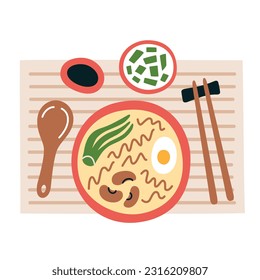 Ramen with chopsticks on Asian bamboo placemat, hand drawn composition with bowls and Chinese tableware, doodle icon of Korean noodles with beans and bok choy, vector illustrations of soy sauce