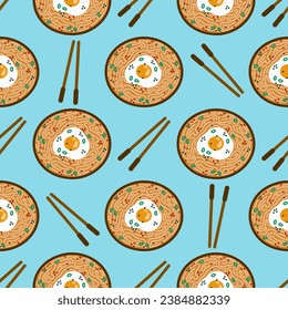 Ramen and chopsticks seamless vector pattern. Tasty Asian soup with noodles, fried egg, green onions, sesame. Hot spicy food in a bowl on the table, top view. Flat cartoon background for print, web