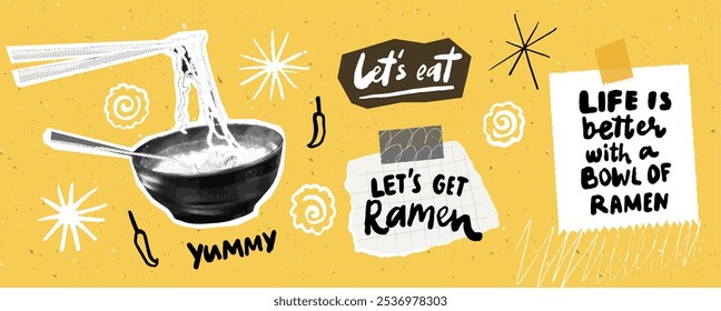 Ramen collage set, quotes and halftone picture of noodle bowl, trendy stickers collection on yellow background, hand drawings and typography.