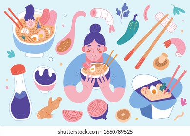 Ramen collection, bowls and chopsticks with ingredients, Woman eating noodle soup with broth, asian and japanese food, Set of flat vector cartoon illustrations isolated, tasty noodles in box container