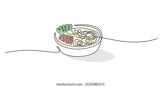 Dibujo continuo de una línea de Ramen. Fideos con varios ingredientes. Comida tradicional china y japonesa en concepto de tazón. Ilustración vectorial minimalista.