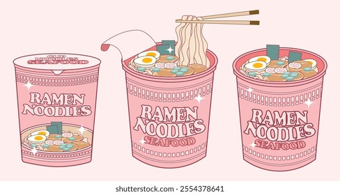 Ramen cup noodles flavored food pink aesthetic illustration