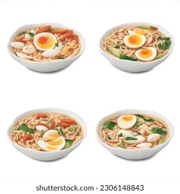 Ramen Delights for Your Online Presence: A Creative 3D Vector Series for Social Media and Website Menus. Dive into the world of savory delights with four visually appealing ramen creations, designed 