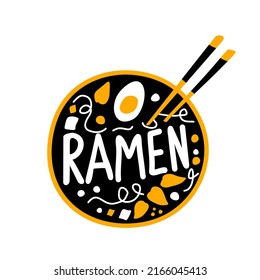 Plato de plato de ramen con texto. Icono de Ramen. Ilustración vectorial creada para menú, café, bar, afiche, restaurante, pegatina, logotipo o etiqueta.