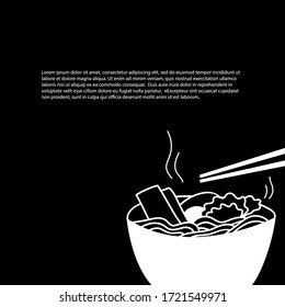 Ramen Doodle. A hand-drawn bowl of Chinese egg noodles. Black and white illustration of Asian cuisine. Banner design with space for text. Vector isolated on a black background.