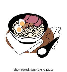 Ramen doodle. Hand-drawn bowl of Chinese egg noodles. Asian food. Vector illustration isolated on a white background.