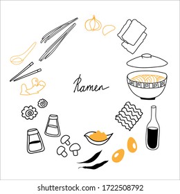 Ramen Doodle. Hand-drawn set ingredients for Chinese egg noodles. Sketch of items and products for cooking. Asian food. Circular illustration isolated on a white background.