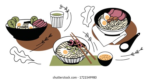 Ramen-Doodle-Set. Farbiges, Vektorasisches Essen einzeln auf weißem Hintergrund. Handgezeichnete chinesische Eiernudeln.