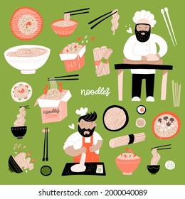 Juego de doodles Ramen. Varios tazones hechos a mano con fideos de huevo chinos. Comida asiática con jefe de cocina. Ilustración plana vectorial aislada en un fondo verde.