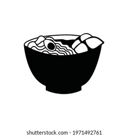 Ramen in Doodle style. Hand-drawn bowl of Chinese egg noodles. Asian cuisine. Vector illustration isolated on a white background. 