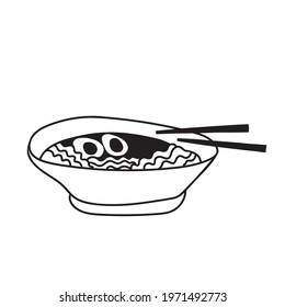 Ramen in Doodle style. Hand-drawn bowl of Chinese egg noodles. Asian cuisine. Vector illustration isolated on a white background. 