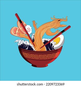 ramen dragon noodle vector illustration. traditional Japanese food.