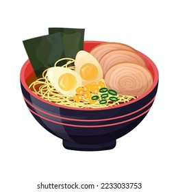 Ramen with egg. Japanese noodle food. Colorful illustration vector on white background.