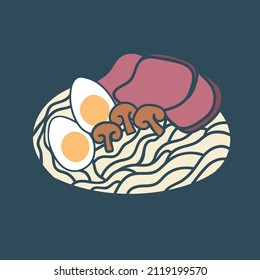 Ramen with egg, meat drawn by hand. Color illustration of egg noodles on a blue isolated background. Without a lineart. T-shirt print template, card design, banners.