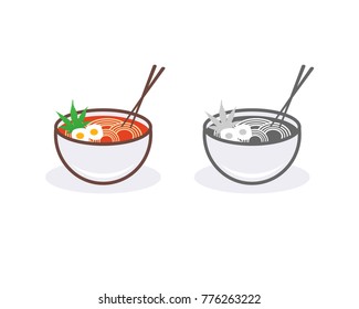 Ramen Egg Noodles on the Bowl and Chopsticks - the Restaurant Chinese Food Symbol Logo Vector