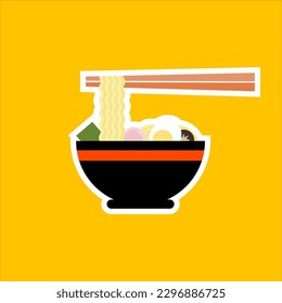 ramen flat design vector illustration. Japanese ramen soup, Japanese cuisine vector illustration. Bowl of noodles with a pair of chopsticks.